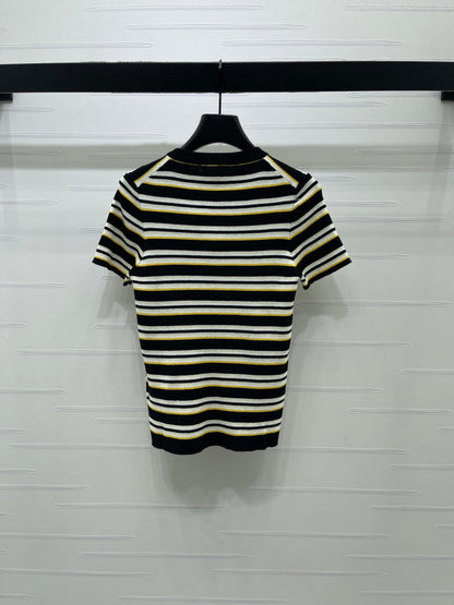 Miumiu 2026 Striped Knit Short-sleeved Top Cream and Black Wool Tencel 356453