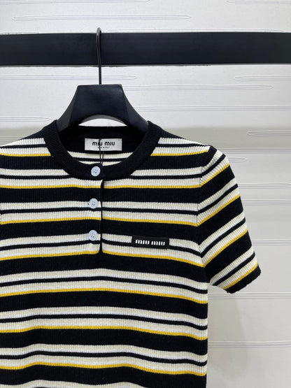 Miumiu 2026 Striped Knit Short-sleeved Top Cream and Black Wool Tencel 356453