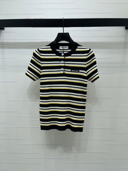 Miumiu 2026 Striped Knit Short-sleeved Top Cream and Black Wool Tencel 356453
