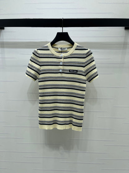 Miumiu 2026 Striped Knit Short-sleeved Top Cream and Black Wool Tencel 356453