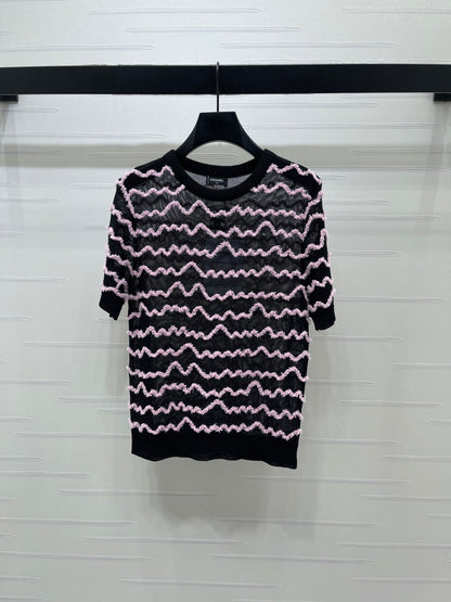 Chanel 2026 Short-sleeved Top Black White Pink Tencel 356435