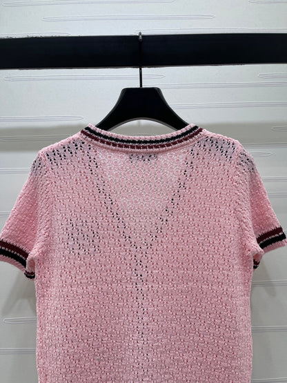 Miumiu 2026 Hollow V-neckline Cardigan Black White Pink Wool