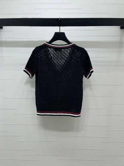 Miumiu 2026 Hollow V-neckline Cardigan Black White Pink Wool