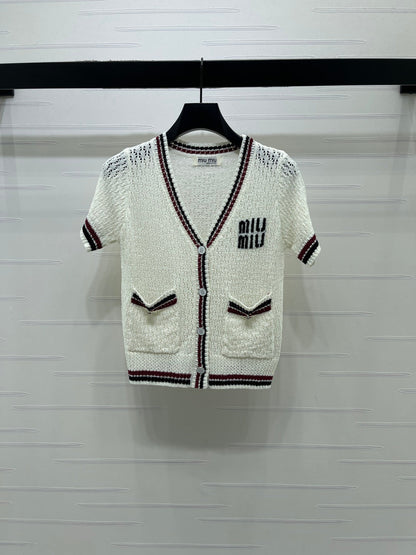 Miumiu 2026 Hollow V-neckline Cardigan Black White Pink Wool
