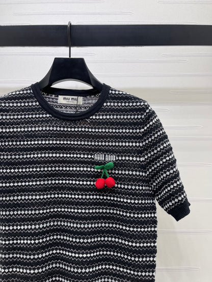 Miumiu 2026 Cherry-embroidered Knitted Shirt Tencel Nylon
