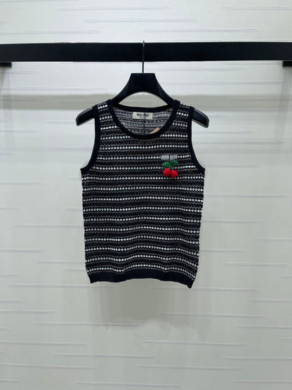 Miumiu 2026 Cherry-embroidered Knitted Sleeveless Crop Top Tencel Nylon