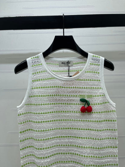 Miumiu 2026 Cherry-embroidered Knitted Sleeveless Crop Top Tencel Nylon