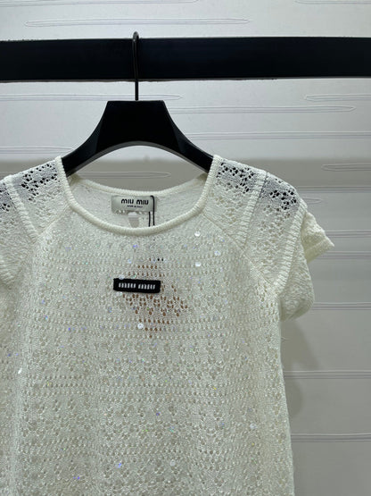 Miumiu 2026 Hollowed-out Knit Top Blue White Wool Polyester