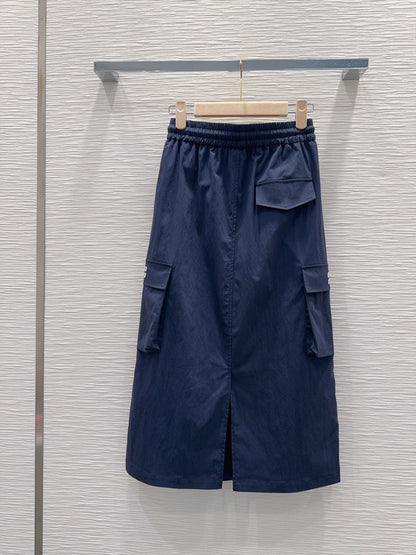 Miu Miu 2026 Long Skirt  Khaki and Navy Blue Cotton Nylon