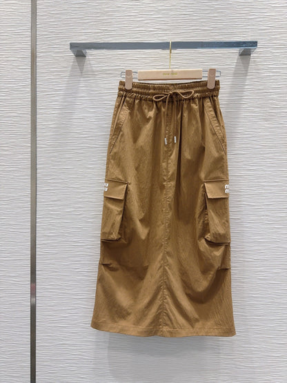 Miu Miu 2026 Long Skirt  Khaki and Navy Blue Cotton Nylon