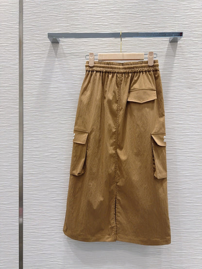 Miu Miu 2026 Long Skirt  Khaki and Navy Blue Cotton Nylon