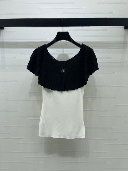 Chanel 2026  Pleated Collar Top Black and White Polyester Viscose