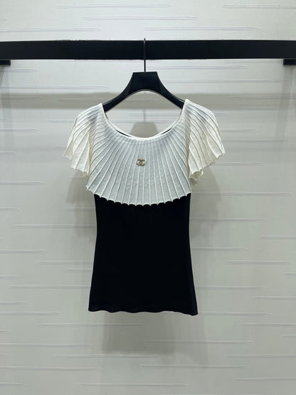 Chanel 2026  Pleated Collar Top Black and White Polyester Viscose