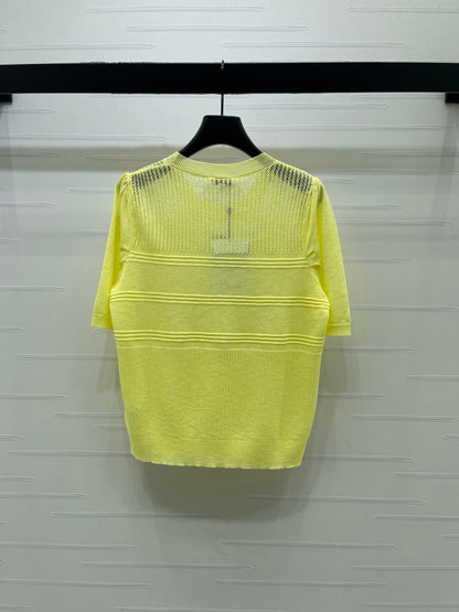 Chanel  2026 Hollow Short-sleeved Shirt Yellow and White Cotton
