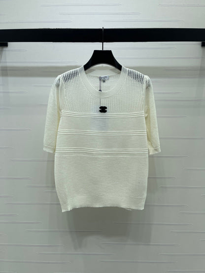 Chanel  2026 Hollow Short-sleeved Shirt Yellow and White Cotton
