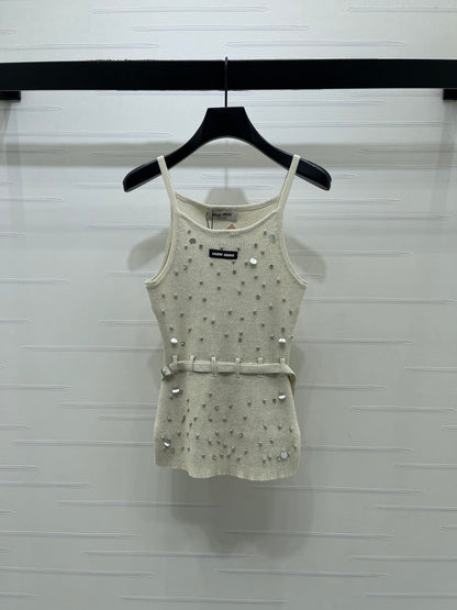 Miumiu 2026 Knit Top With Crystal Details And Belted Waist Wool