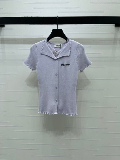 Miumiu 2026 Lace Collar T-shirt Cream and Purple Wool