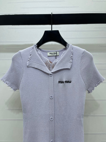 Miumiu 2026 Lace Collar T-shirt Cream and Purple Wool