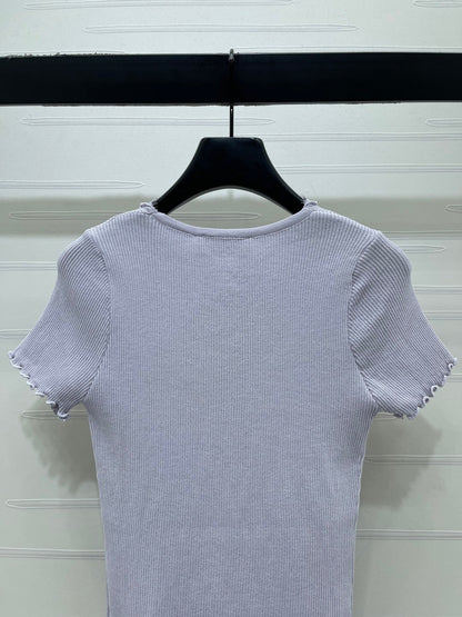 Miumiu 2026 Lace Collar T-shirt Cream and Purple Wool