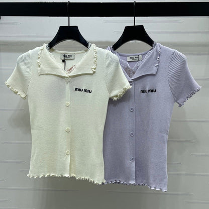 Miumiu 2026 Lace Collar T-shirt Cream and Purple Wool