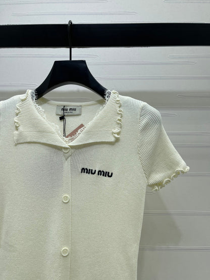 Miumiu 2026 Lace Collar T-shirt Cream and Purple Wool