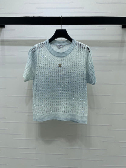 Chanel 2026 Short-sleeve Openwork Knit Sweater Blue and Pink Wool Polyester