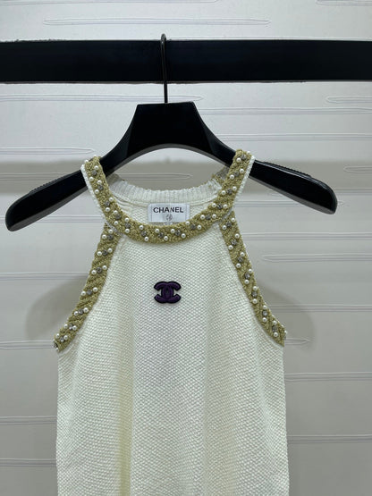 Chanel 2026 Halter-neck Knit Top White and Black Wool Acrylic