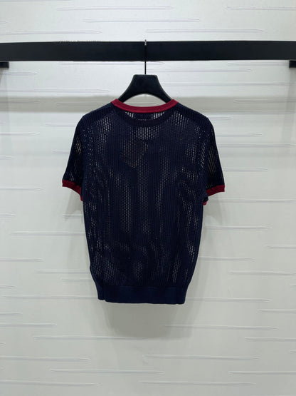 Miumiu 2026 Crochet-knit Crew-neck T-shirt White and Navy Blue Tencel