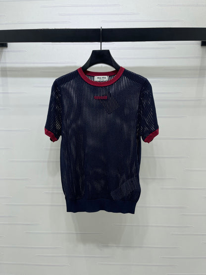 Miumiu 2026 Crochet-knit Crew-neck T-shirt White and Navy Blue Tencel