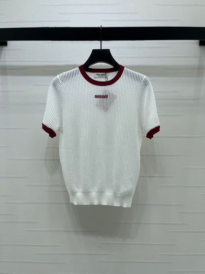 Miumiu 2026 Crochet-knit Crew-neck T-shirt White and Navy Blue Tencel