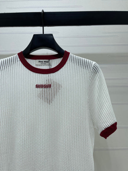 Miumiu 2026 Crochet-knit Crew-neck T-shirt White and Navy Blue Tencel
