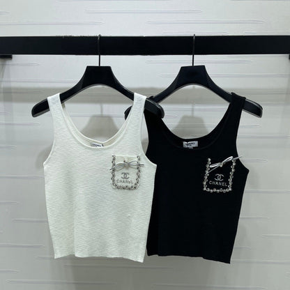 Chanel 2026 Rhinestone Pocket Vest Black and White Tencel Wool 359824