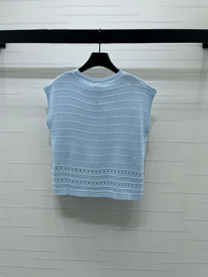 Chanel 2026 Hollow-out Knit Sleeveless Vest Blue and White Cotton 359840