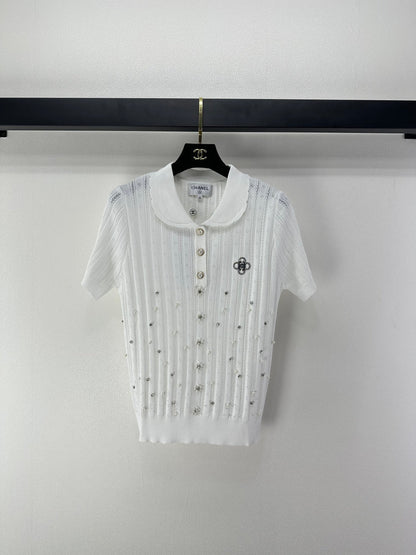 Chanel 2026 Beaded Knit Short-sleeved Top Wool Nylon 368304