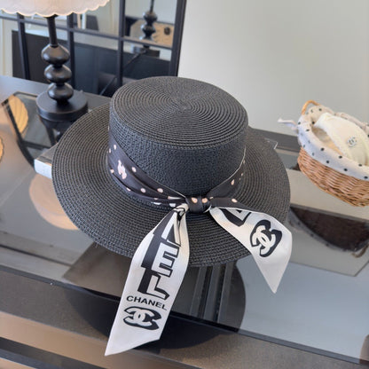 Chanel Flat-top Straw Hat With Silk Bow 279632