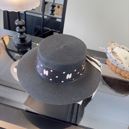 Chanel Flat-top Straw Hat With Silk Bow 279632