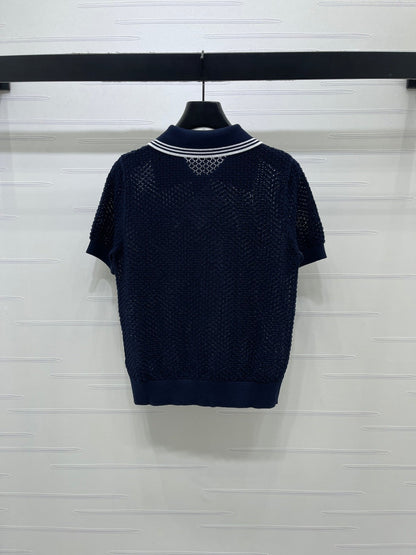 Miumiu 2026 Hollow-out Knitted Collared Short-sleeved T-shirt Wool Cashmere 374995