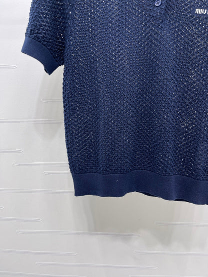Miumiu 2026 Hollow-out Knitted Collared Short-sleeved T-shirt Wool Cashmere 374995