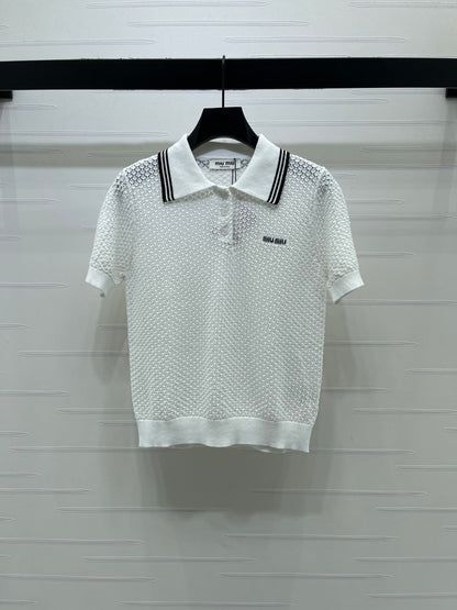 Miumiu 2026 Hollow-out Knitted Collared Short-sleeved T-shirt Wool Cashmere 374995