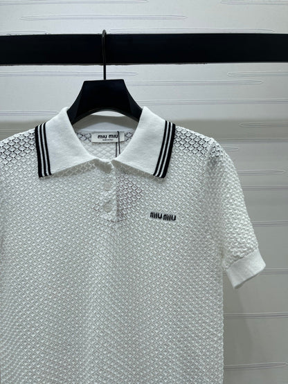 Miumiu 2026 Hollow-out Knitted Collared Short-sleeved T-shirt Wool Cashmere 374995