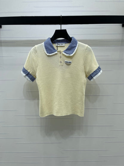 Miumiu 2026 Polo Shirts With Checkered Collar And Lace Trim Wool 332264