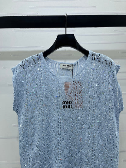 Miumiu 2026 Sequined Openwork Knit Short-Sleeve Top Wool 375034