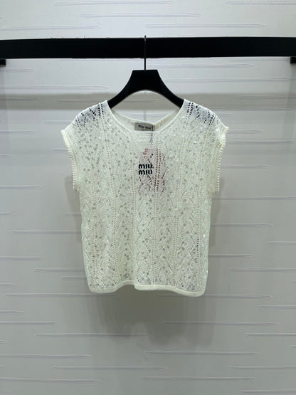 Miumiu 2026 Sequined Openwork Knit Short-Sleeve Top Wool 375034