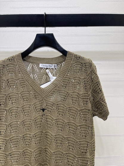 Dior 2026 Hollow-out V-neck Knit Short-sleeved Top Wool Cotton 377970