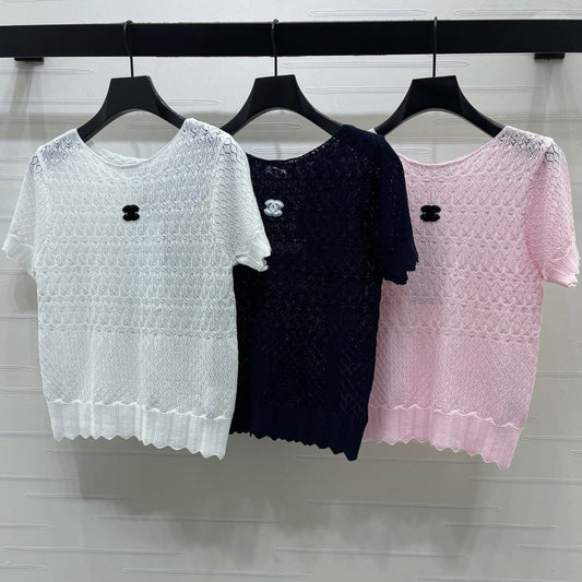 Chanel 2026 Double C Logo Knit Short-sleeved Shirt 380703