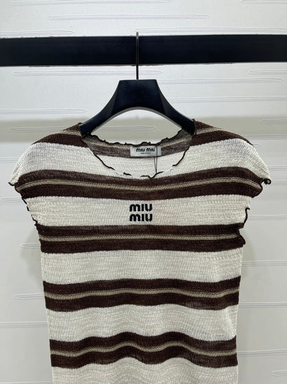 Miumiu 2026 Color-blocked Striped Knit Short-sleeved Top Cotton 380669