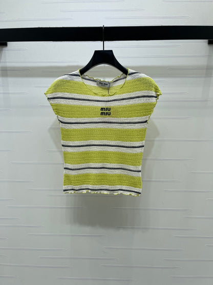 Miumiu 2026 Color-blocked Striped Knit Short-sleeved Top Cotton 380669