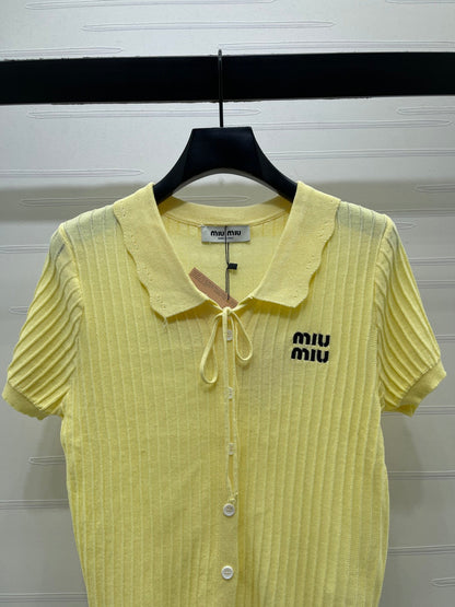 Miumiu 2026 Vertical Ribbed Short-Sleeve Cardigan Tencel 380697