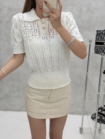 Chanel 2026 Sequin Hollow-Out Collar Knit Short-Sleeve Cotton 397678