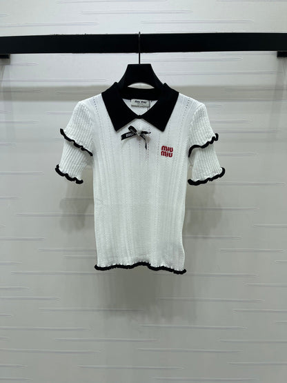 Miumiu 2026 Knitted Polo Shirt With Black Bow Wool Cashmere 414394